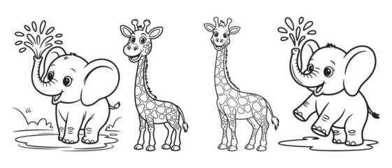 Fototapete Rund Zoo Cartoon Elephants and Giraffes in Playful Zoo Scene  © Rahmat Chowdhury