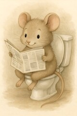 Niedliche Illustration einer Maus, die auf einer Toilette sitzt und eine Zeitung liest. Humorvolle Alltagsszene im warmen Aquarellstil mit weichen Farben.
