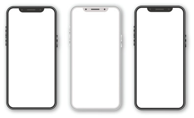 Three Smartphones with Blank White Screens on White Background