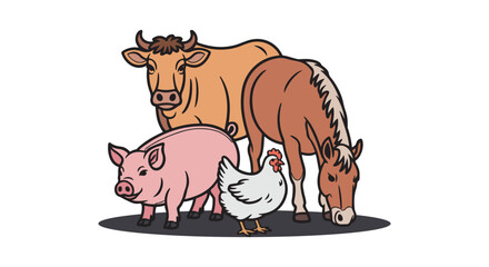 Cartoon Farm Animal Group with Pig, Cow, Horse, and Chicken