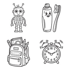 Morning Routine Icon Set with Robot, Toothbrush, Backpack, and Alarm Clock