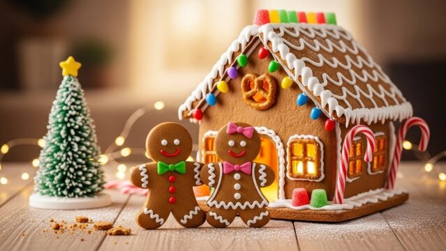 Gingerbread couple in front of decorated holiday house - Powered by Adobe