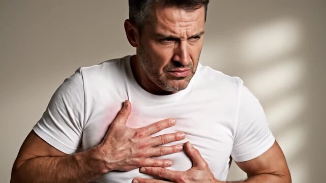 Intense Man Experiencing Chest Pain and Heart Discomfort in a Sequence of Expressive Frames