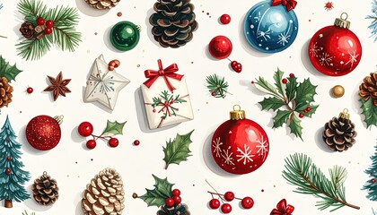 Festive Christmas Pattern with Ornaments Pinecones and Holly Berries.