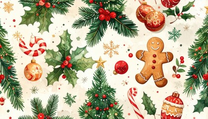 Watercolor Christmas Pattern Festive Elements Ornaments Holly Pine Branches.