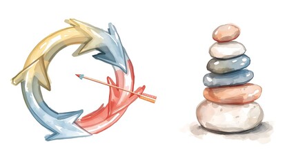 Circular Arrow Loop and Zen Stones: Business Cycle and Goals Concept

