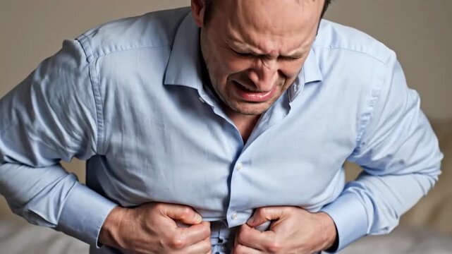 Intense Man Experiencing Severe Chest Pain and Discomfort in a Stressful Moment