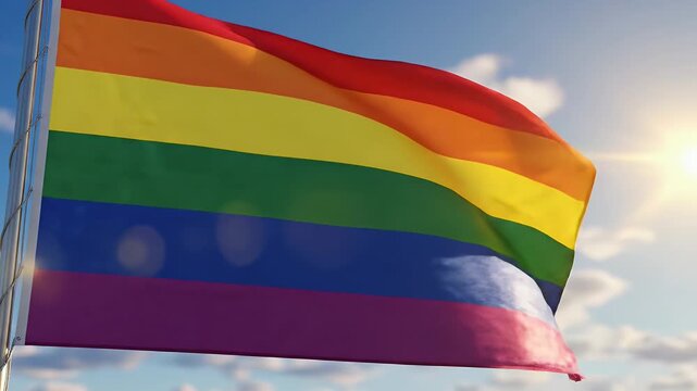 Rainbow Pride Flag Waving in the Wind Against a Blue Sky.