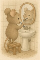 Niedliche Illustration einer Maus beim Z&auml;hneputzen vor dem Waschbecken mit Spiegel. Humorvolle Alltagsszene im Badezimmer, dargestellt im warmen Aquarellstil.