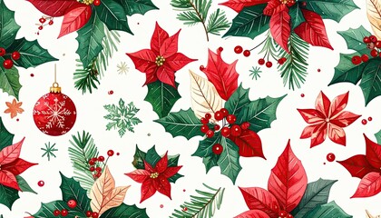 Watercolor Christmas pattern featuring red poinsettias green holly and festive ornaments.