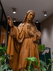 Beautiful Wood Carving of Jesus Christ without a cross but with thorns and the heart. High quality photo