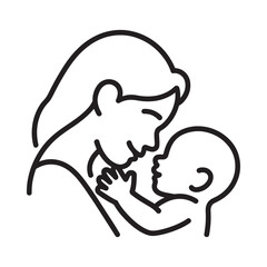 A tender line drawing depicts a mother lovingly cradling her baby