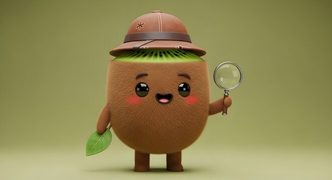 Cute Anthropomorphic Kiwi Fruit Character Dressed as an Explorer with Pith Hat and Magnifying Glass, 3D Render Illustration