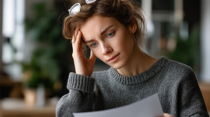 Faceless stressed young lady lost in heavy thoughts hold paper document deal with debt bankruptcy think of solving money problem, worried person concerned with bad news received by mail letter,