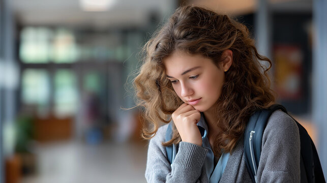 Faceless portrait upset frightened schoolgirl standing hallway alone, lonely girl posing, educational isolation, campus solitude, student emotional distress, defocused person, with copy space