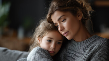 Faceless mother calming her sad daughter at home, parental emotional support, family comfort moment, maternal consolation, parent-child bonding, defocused faces, with copy space