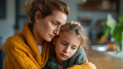 Faceless mother calming her sad daughter at home, parental emotional support, family comfort moment, maternal consolation, parent-child bonding, defocused faces, with copy space