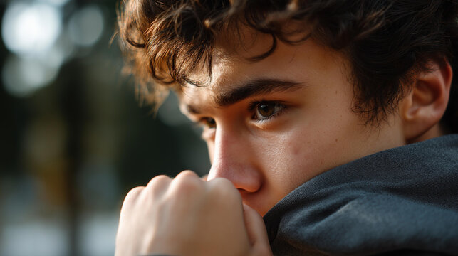Faceless portrait of handsome teenager with dark curly hair in nature, guy relaxing on weekend out of town to gather strength for study and sports, looks tired, defocused face, with copy space - Powered by Adobe