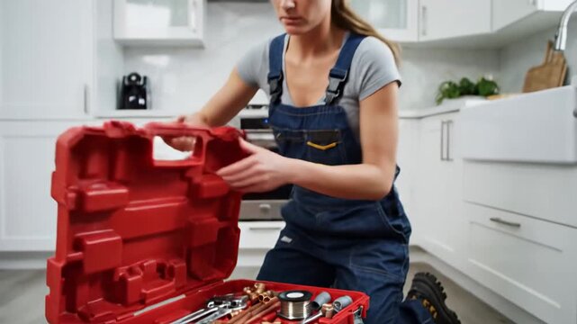 Plumber in Overalls Kneeling Beside an Open Red Toolbox Filled with Plumbing Tools and Supplies in