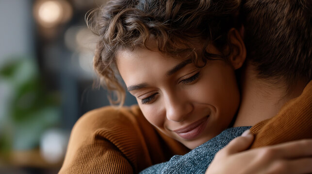 Faceless person comforting sad individual, emotional support gesture, consolation moment, empathy and care, relationship comfort, defocused faces embracing, with copy space - Powered by Adobe