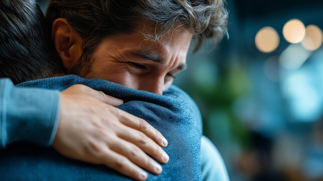 Faceless person comforting sad individual, emotional support gesture, consolation moment, empathy and care, relationship comfort, defocused faces embracing, with copy space