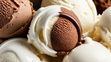 Sweet dessert texture. Scoops of chocolate ice cream and vanilla ice cream in macro 