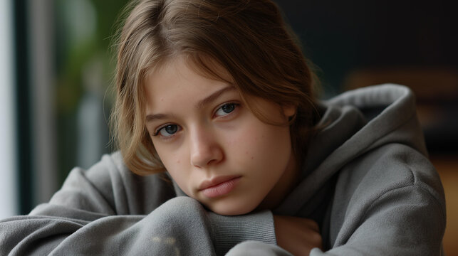 Faceless portrait of teenage girl with sad worried face, girl began adolescence and thinks that whole world is against her, youth angst, defocused person, with copy space