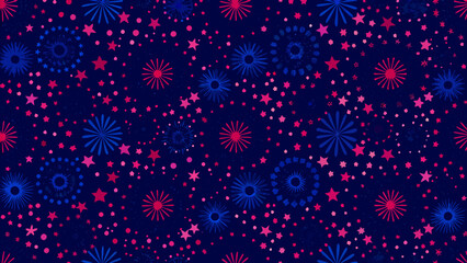Seamless pattern of red and blue fireworks and stars on a dark blue background