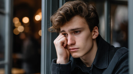 Faceless teenage boy with sad face waits for long time on street for girlfriend and starting to freeze, sad because afraid of catching cold, handsome sad teen guy, defocused person, with copy