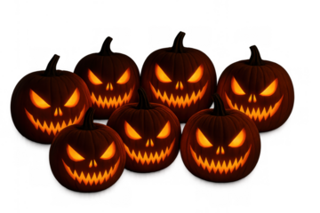 Group of glowing carved halloween jack-o'-lanterns showing sinister faces with sharp teeth, floating with transparent background