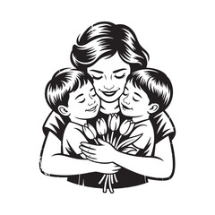 A loving mother embracing her two children with a bouquet of tulips