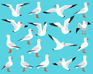 Collection of stylized seagulls in various poses against a blue background