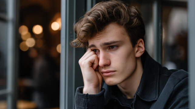 Faceless teenage boy with sad face waits for long time on street for girlfriend and starting to freeze, sad because afraid of catching cold, handsome sad teen guy, defocused person, with copy