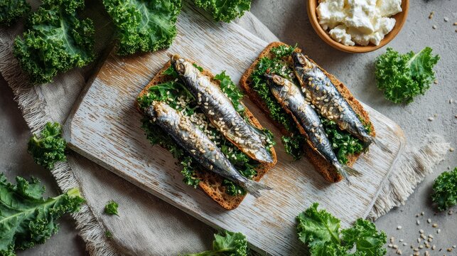 Fresh Sardine Open-Faced Sandwiches With Kale On Whole-Grain Bread, Sesame Garnish, Rustic Board