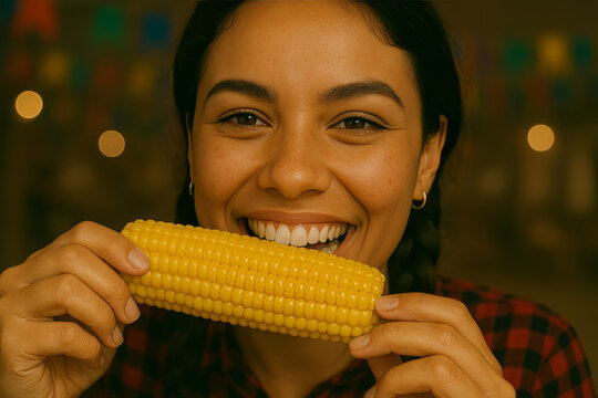 Mulher saboreando milho festa junina
