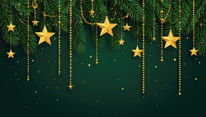 Festive Christmas pine branches adorned with glittering gold stars and bead garlands.