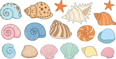 Cute seashell and starfish illustration set with colorful ocean shells in pastel tones, decorative marine vector elements for beach and summer designs