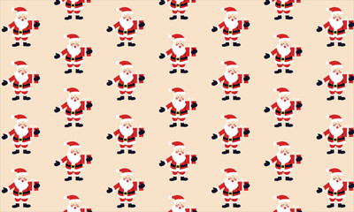 Seamless Christmas and New Year pattern with Santa Claus holding gift box on pastel background, festive wrapping paper design