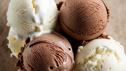 Scoops of chocolate ice cream and vanilla ice cream. Sweet dessert