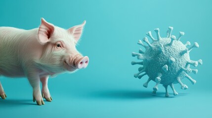 Pink piglet observes a large, spiky, blue virus model on a blue background