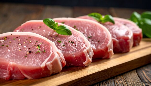 Fresh Raw Pork Chops with Herbs on a Wooden Board, Ready for Cooking