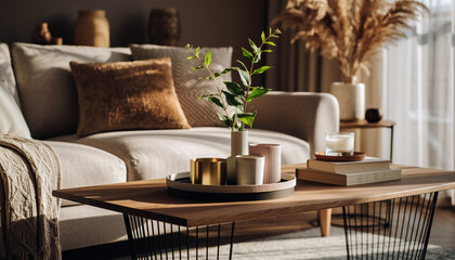 salon moderne et chaleureux avec table basse en bois et d&eacute;coration naturelle