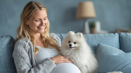 Smiling pregnant woman sitting on a couch with a fluffy white Pomeranian, highlighting motherhood, comfort and the bond between pets and expectant mothers.