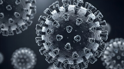 Detailed microscopic view of coronavirus particles in a dark monochromatic scientific rendering environment h3n2 virus