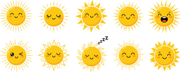 Cute smiling sun cartoon illustration set with different facial expressions, cheerful weather vector icons for kids designs and summer themes