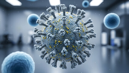 Microscopic view of a coronavirus particle floating near blue cells in a sterile laboratory environment h3n2 virus