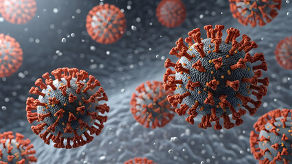 Microscopic view of coronavirus particles floating in a biological fluid with dramatic lighting and depth of field h3n2 virus