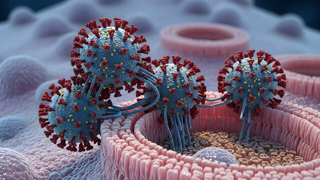 Microscopic view of coronavirus particles attaching to and infecting human respiratory epithelial cells in the body h3n2 virus
