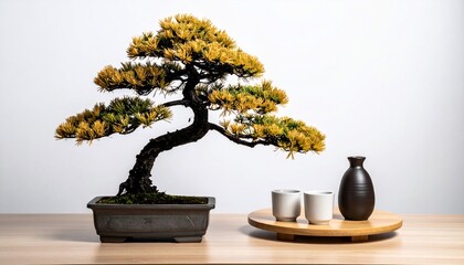 Elegant Bonsai Tree with Sake Set: A Serene Composition on a Wooden Surface