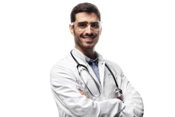 Smiling confident male doctor or physician in a white coat with a stethoscope and crossed arms